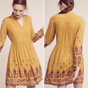 ANTHROPOLOGIE Floreat Raella Gold Embroidered Long Sleeve Dress Size L